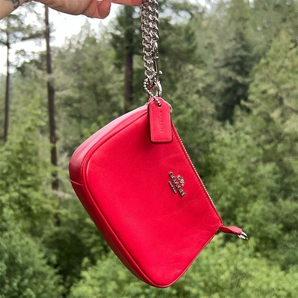 COACH Nolita 15 Red Leather Wristlet w Silver Chain Strap Women's Bag AUTHENTIC